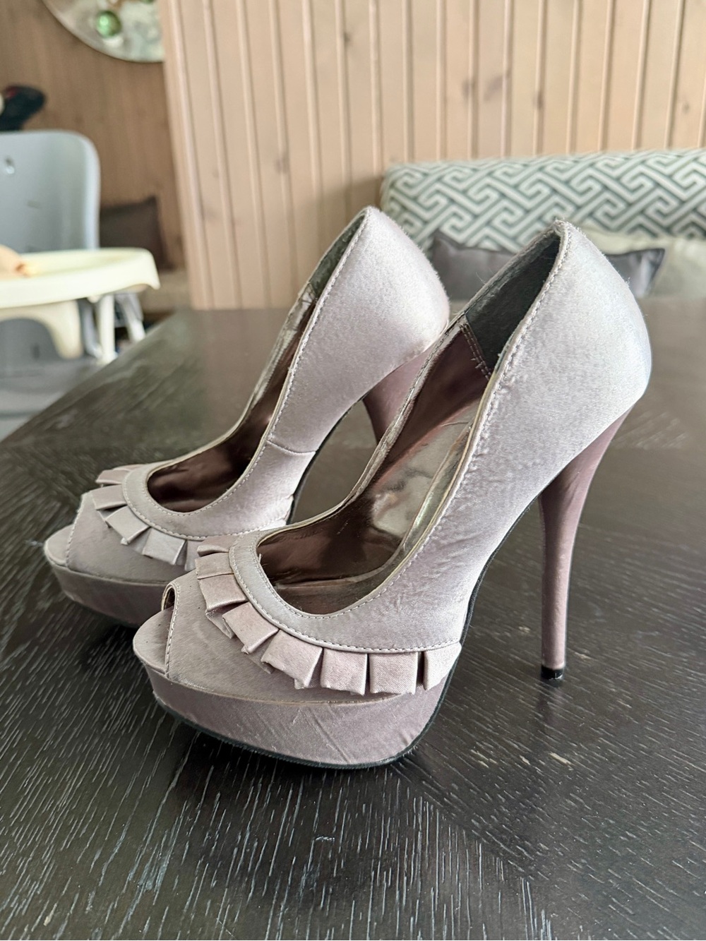 Wild Diva Taupe Velvet Peep-Toe Platform Heels
